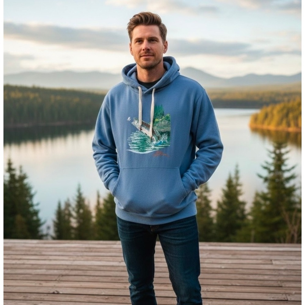 LL Bean‎ Signature Men's Blue Hoodie Fishing Nature Outdoors Sweatshirt Medium